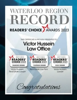 2023 Readers’ Choice certificate for Victor Hussein Law Office: Diamond Real Estate Lawyer, Platinum Real Estate Law Firm, and Gold Lawyer