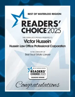 2025 Readers’ Choice Diamond Winner certificate for Victor Hussein, Best Real Estate Lawyer